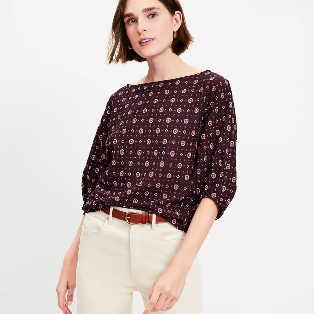 LOFT Maroon Patterned Textured Top - Picture 2 of 9